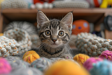 动物线好奇小猫与玩具背景