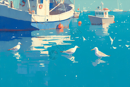 俯视海面渔船停泊在水域插画