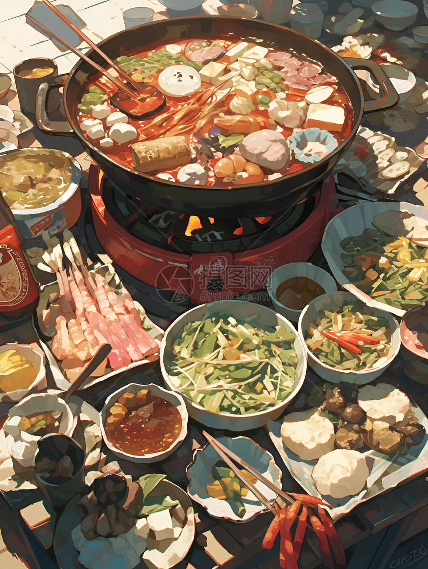 满桌盛放着的火锅盛宴图片