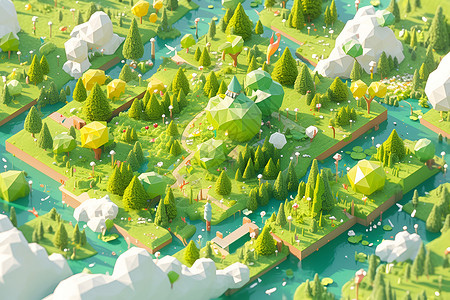 几何3D立体的绿色森林插画
