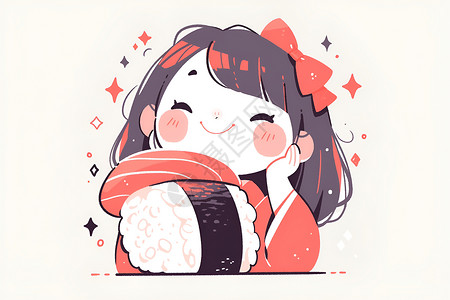 美味寿司宣传单快乐少女吃寿司插画