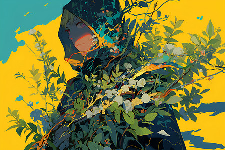 春雷惊蛰中的自然觉醒女子手持花束蓝天黄背景下的绘画照片插画