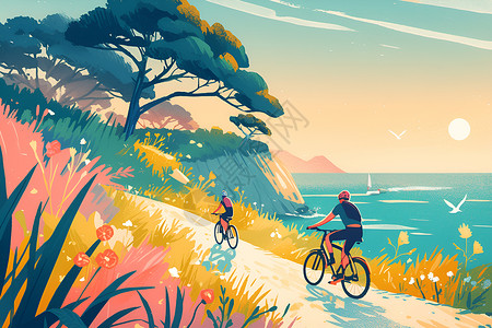 阳光下的海边风景海边阳光下两名骑行者插画