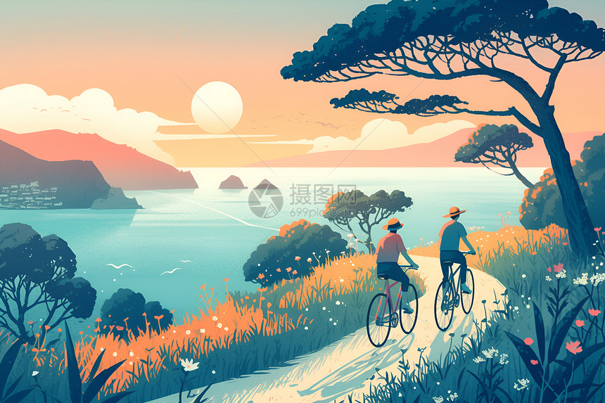 日落时分的海边自行车之旅图片