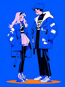 素材人物情侣蓝色背景上的卡通人物插画