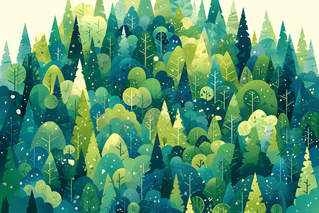 树绿叶生机勃勃的森林插画