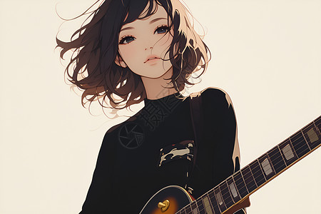 弹吉他的少女艺术风的吉他少女插画