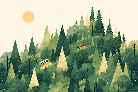 树里面森林里面行驶的车插画