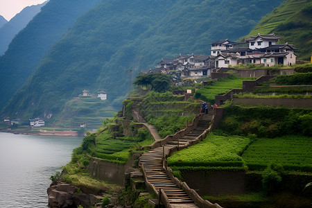 壮丽悬崖上的中国村庄高清图片