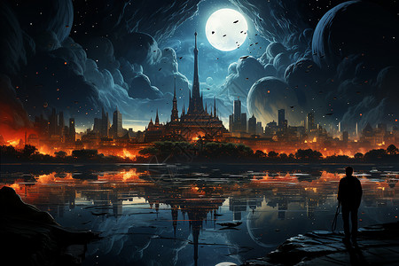 夜空下的梦幻城市背景图片