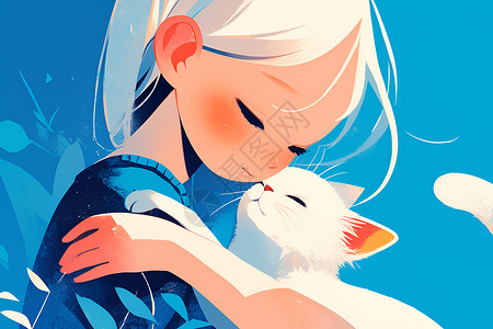 女孩抱着小猫的温馨瞬间背景图片