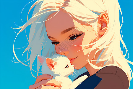少女怀抱小猫的卡通场景背景图片