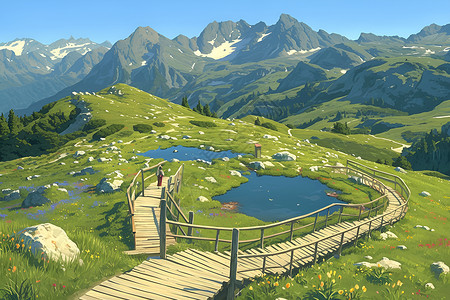 山谷中湖泊和美景背景图片
