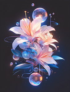 黑色球体美丽的花瓣和发光球体插画