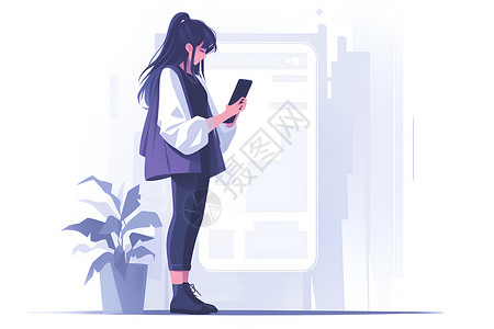 女性用手机手持手机的女性插画