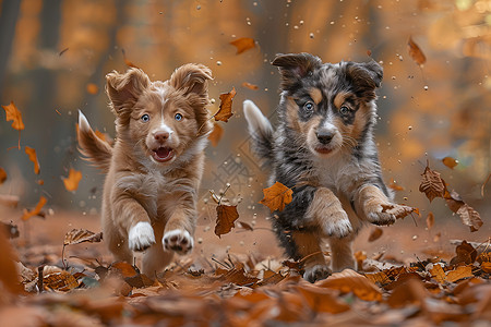 森林玩耍小狗在落叶中嬉戏背景