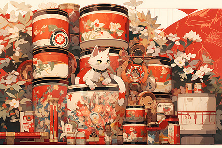 一只靠近红色罐子的猫背景图片