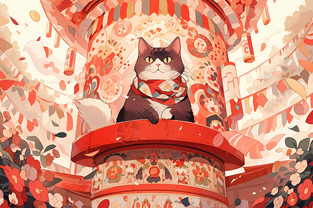 红网纹草红缸中的猫插画