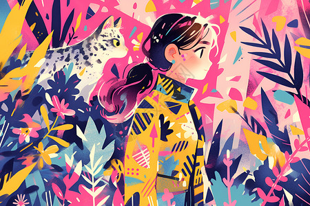 藏在叶子里的猫女孩与猫在丛林中插画
