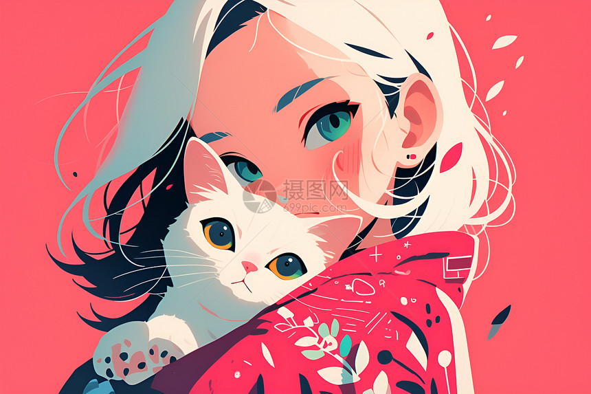少女与猫在粉色背景下图片