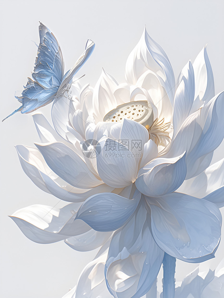 莲花上的白银蝴蝶图片