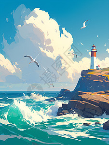 海岸灯塔素材海岸边的海浪和灯塔插画