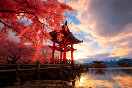樱花树旁的红色亭子背景图片