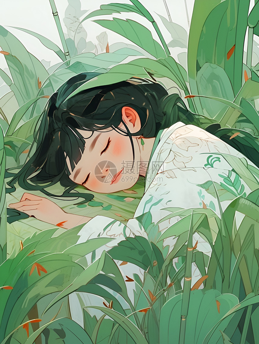 小女孩躺在草丛中图片