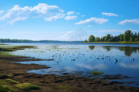 鸟花湖面上的鸟背景