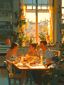 一家人坐在桌子边吃饭背景图片