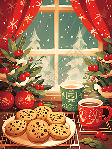 圣诞咖啡素材窗台下的圣诞饼干插画