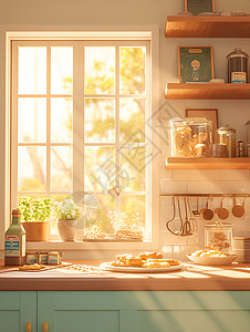阳光厨房橱柜上的饼干插画