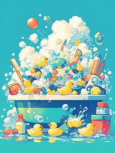 浴缸泡泡泡泡里的橡皮鸭插画