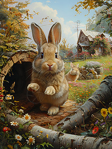 洞口的可爱兔子插画