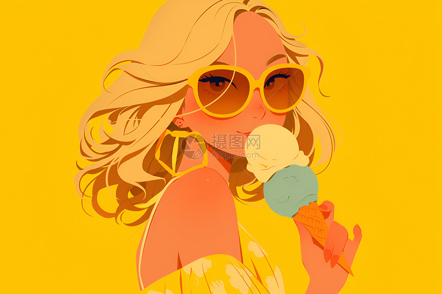 墨镜女孩吃冰淇淋图片