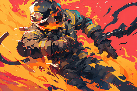 英勇的烈焰中的英勇消防员插画