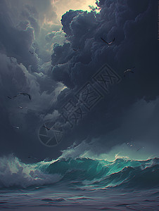 乌云海海面上的暴风雨插画