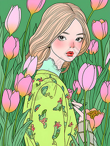 花丛里的绿裙女子背景图片