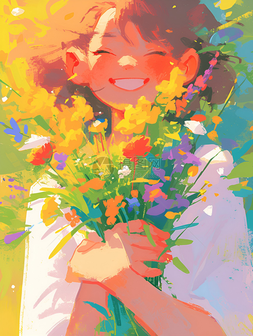 女孩抱着花束微笑图片