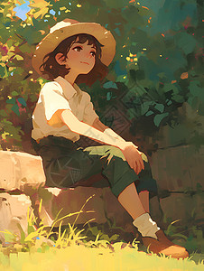 石墩图片坐在石墩上的帽子女孩插画