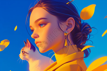 黄衣少女与猫高清图片