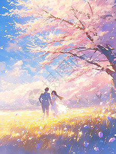 盛开的树木情侣手牵手漫步在花海插画