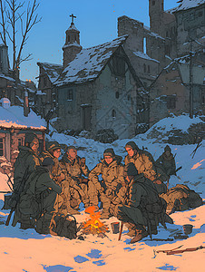 战士们围绕着篝火聚集背景图片