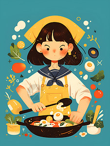 炒锅背景烹饪的美食插画