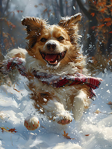 奔跑追逐雪地欢乐奔跑的小狗插画