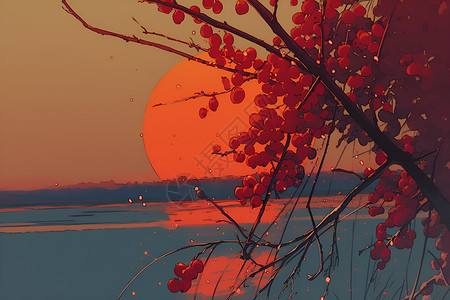 夕阳下的红柿子树枝背景图片