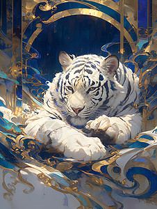 躺在蓝金底色中的白虎背景图片