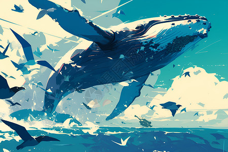鱼跃出水海洋中一只鲸鱼跃插画