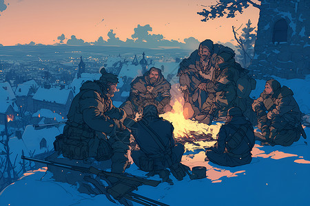 战士们围绕篝火背景图片