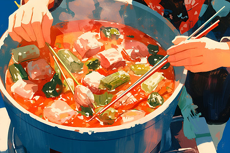 蔬菜串火锅中的串烤插画